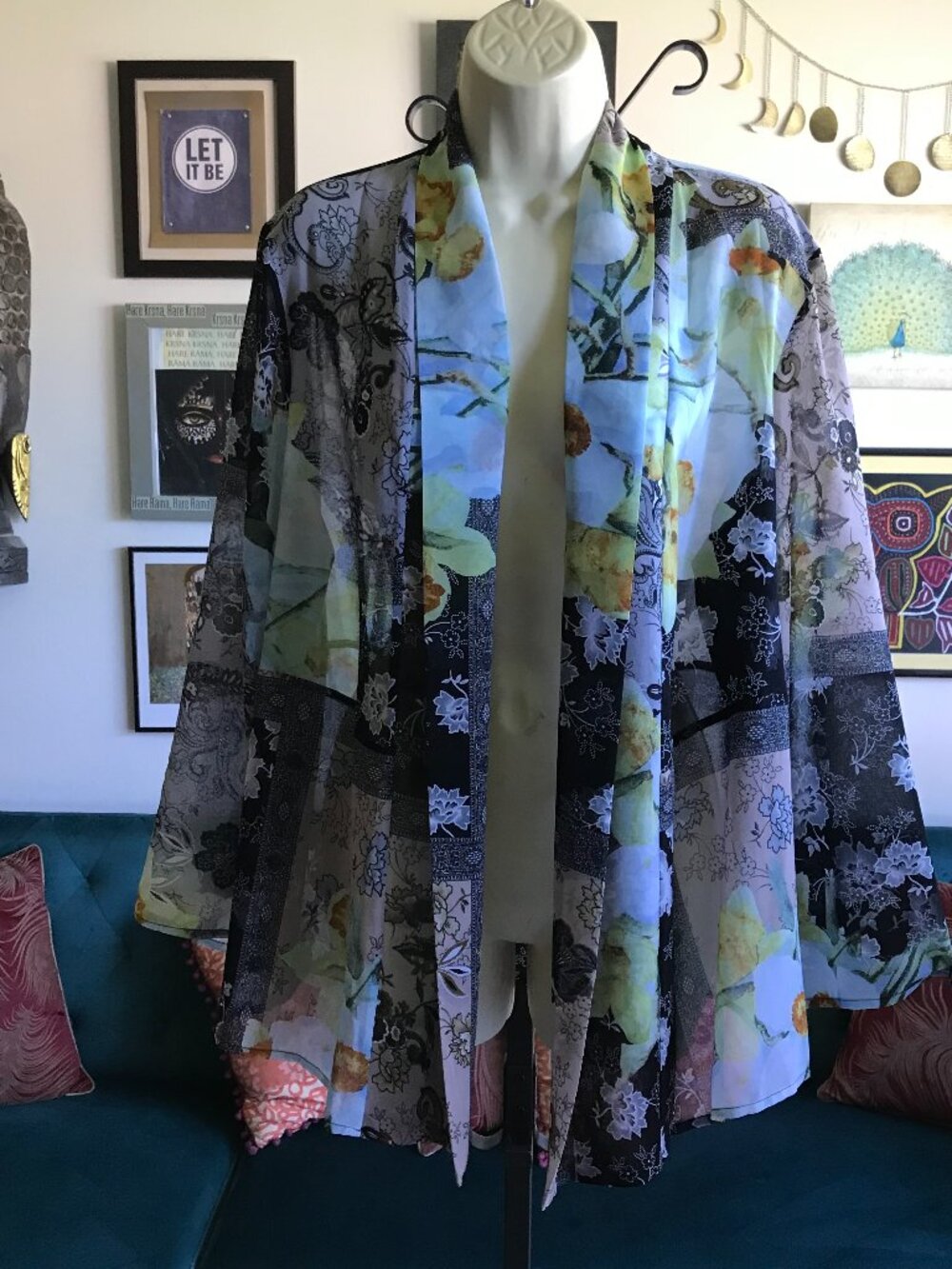 ARIS A size XL Sheer Botanical Chiffon Art To Wear Romantic Goth Kimono Topper